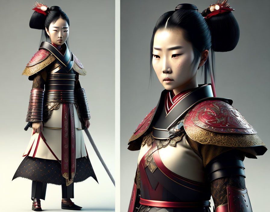 Digital artwork of a young woman in traditional Japanese samurai armor