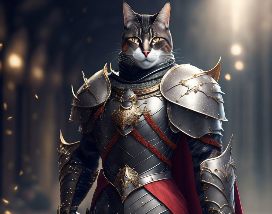 Cat in medieval armor with cape exudes noble aura