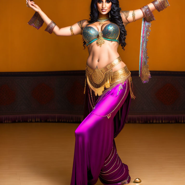 Elegant woman in ornate belly dance costume with blue bra, golden belt, and purple skirt poses