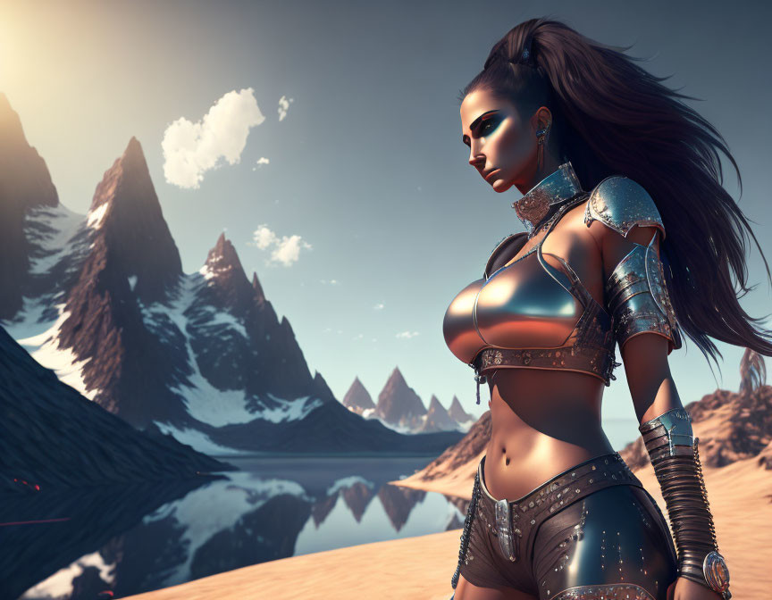 Fantasy female warrior digital art in desert landscape with mountains and lake