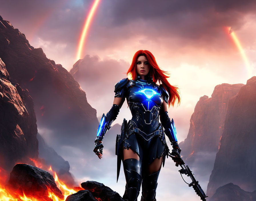 Female warrior in futuristic armor in rocky terrain with fiery skies and dual rainbows