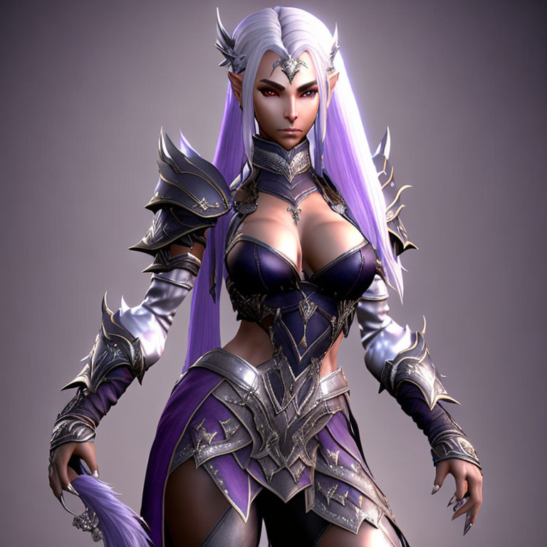 Fantasy Female Warrior 3D Rendering with Purple Hair & Silver Armor