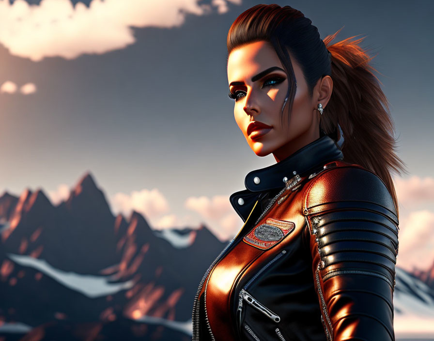 Futuristic woman in black leather jacket against sunset mountains