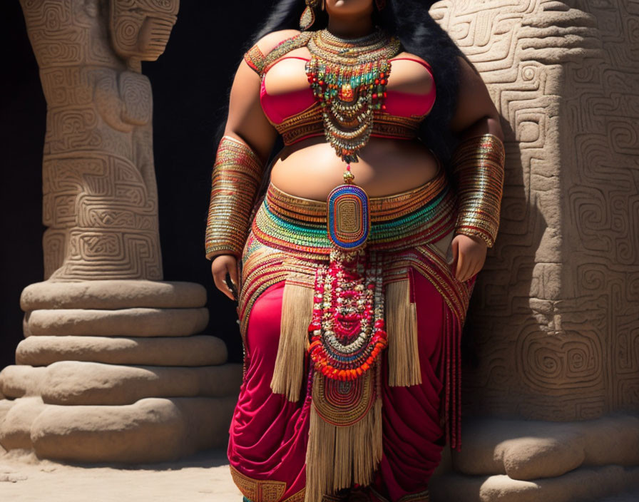 Adorned voluptuous figurine in confident stance with jewelry and vibrant fabrics against ancient columned backdrop