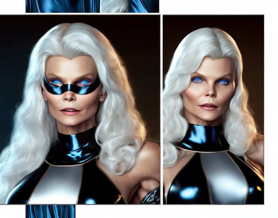 Woman with long white hair and blue eyes in black and white costume with blue mask in dual portraits on