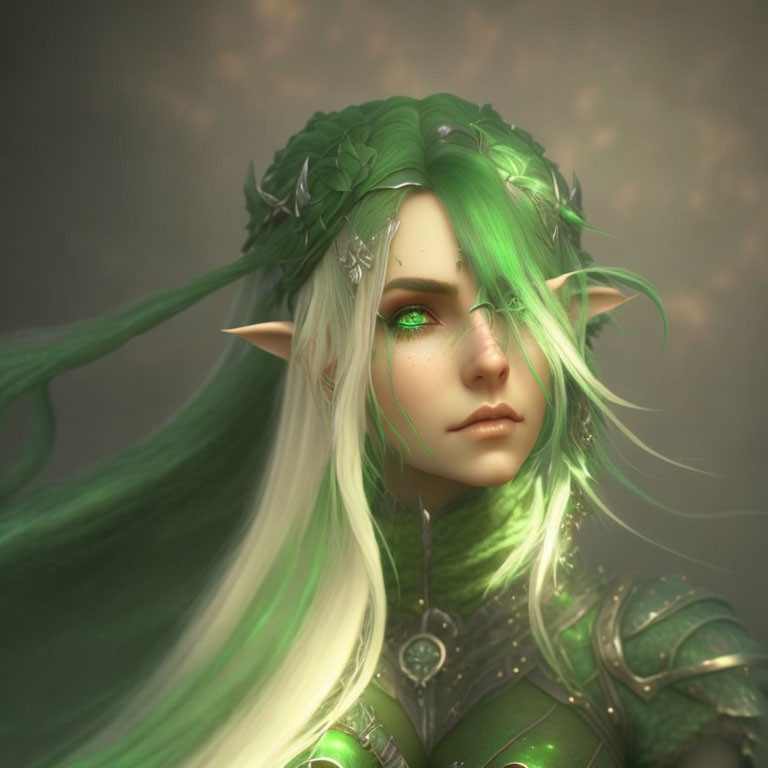 Fantasy elf with green hair and leaf crown in misty setting