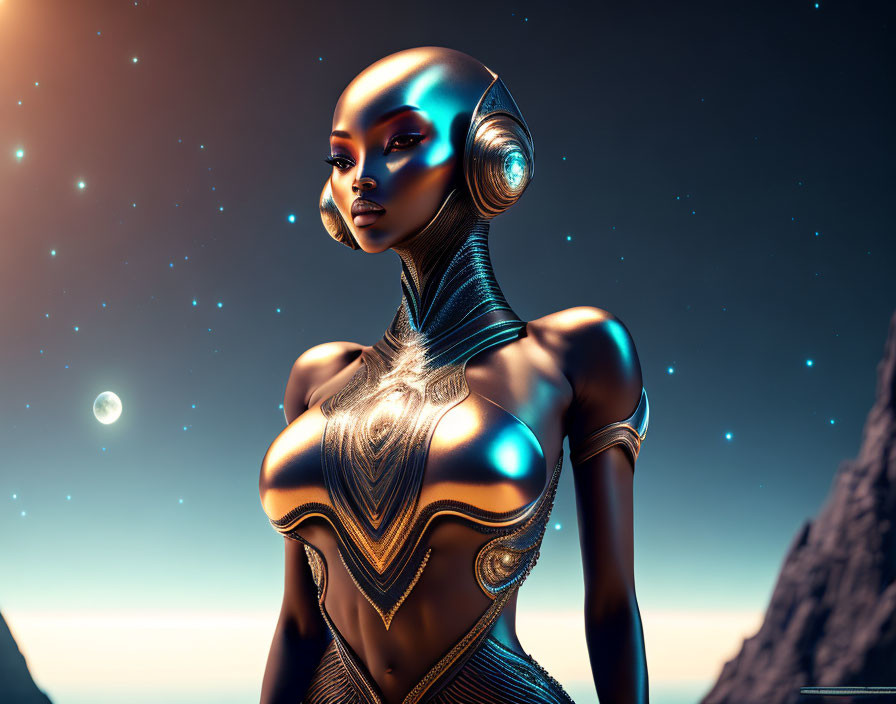 Sleek Gold and Black Female Android in Futuristic Setting