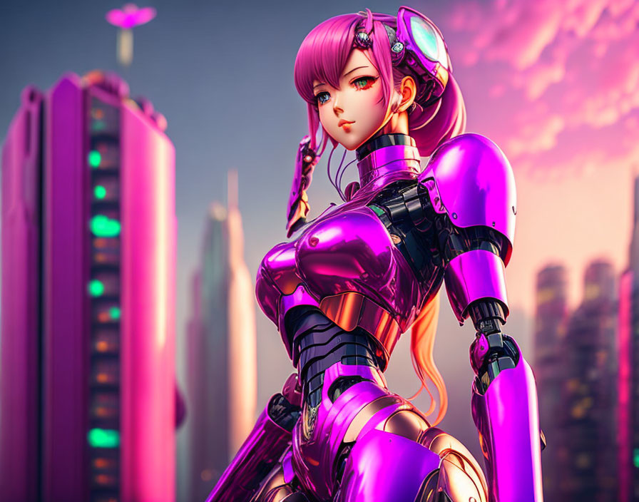 Futuristic female android in purple armor with pink hair in neon cityscape