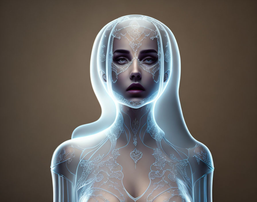 Digital artwork featuring woman with luminous, intricate skin overlay.