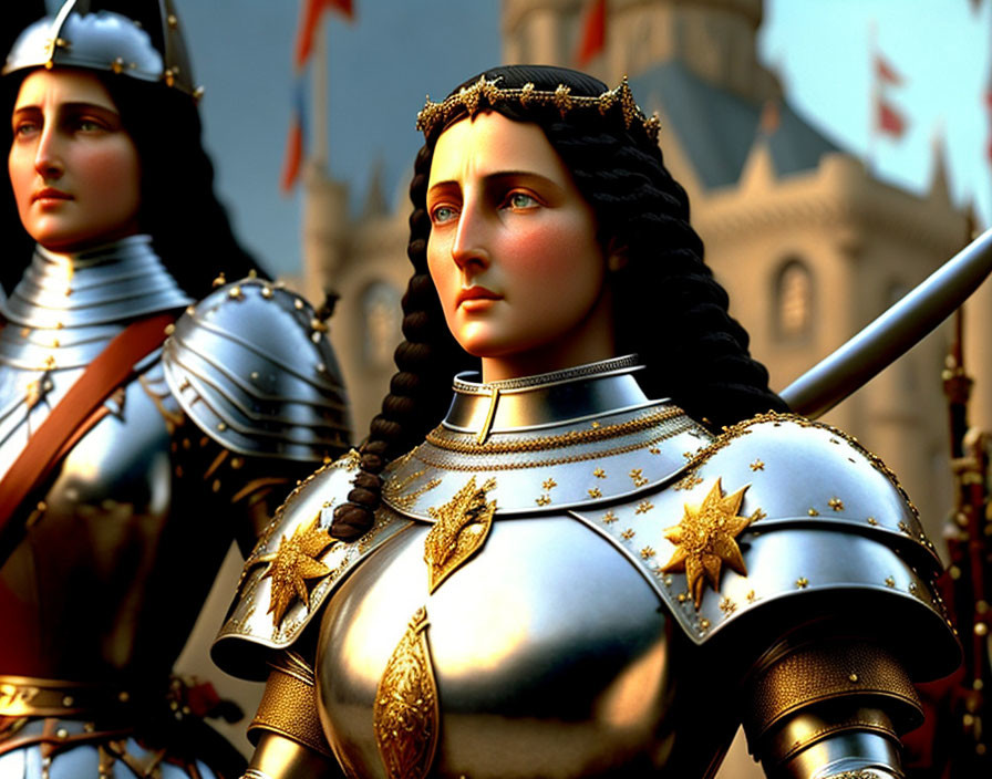 Two female knights in shining armor with golden accents, standing in front of a castle and flags.