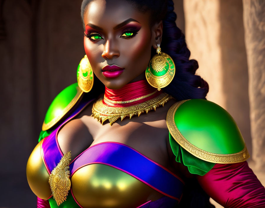 Elaborately dressed woman with colorful makeup and gold jewelry against warm backdrop