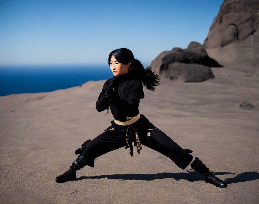 Person in Black Martial Arts Outfit Poses on Sandy Terrain