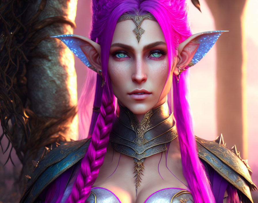 Fantasy elf with pink hair, golden armor, green eyes on pink backdrop