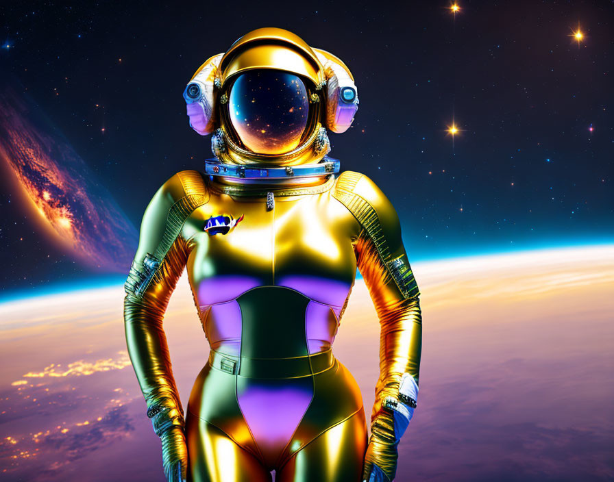 Futuristic astronaut in gold spacesuit against Earth's horizon