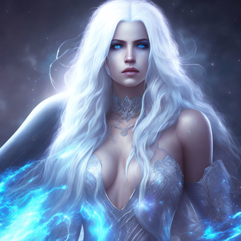 Ethereal woman with blue eyes and white hair in mystical setting