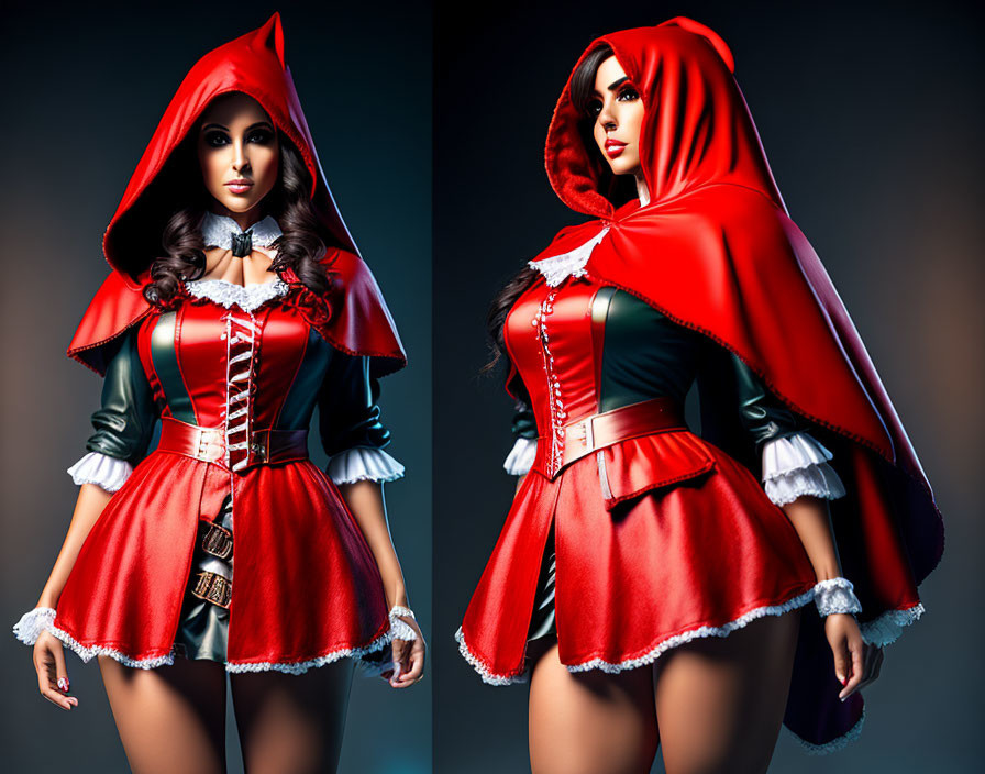 Stylized woman in Little Red Riding Hood costume with red cape, corset, and skirt against