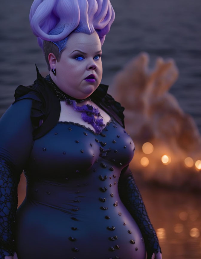 Gothic-inspired woman with stylized hair by water at dusk