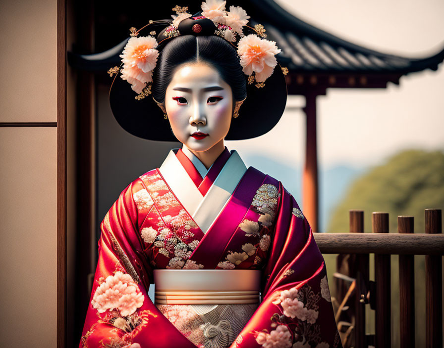 Elaborate Geisha in Red Kimono and Floral Kanzashi by Japanese Structure