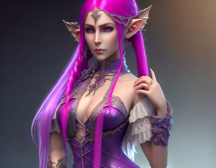 Fantasy elf digital art: purple hair, pointed ears, silver jewelry, lace outfit