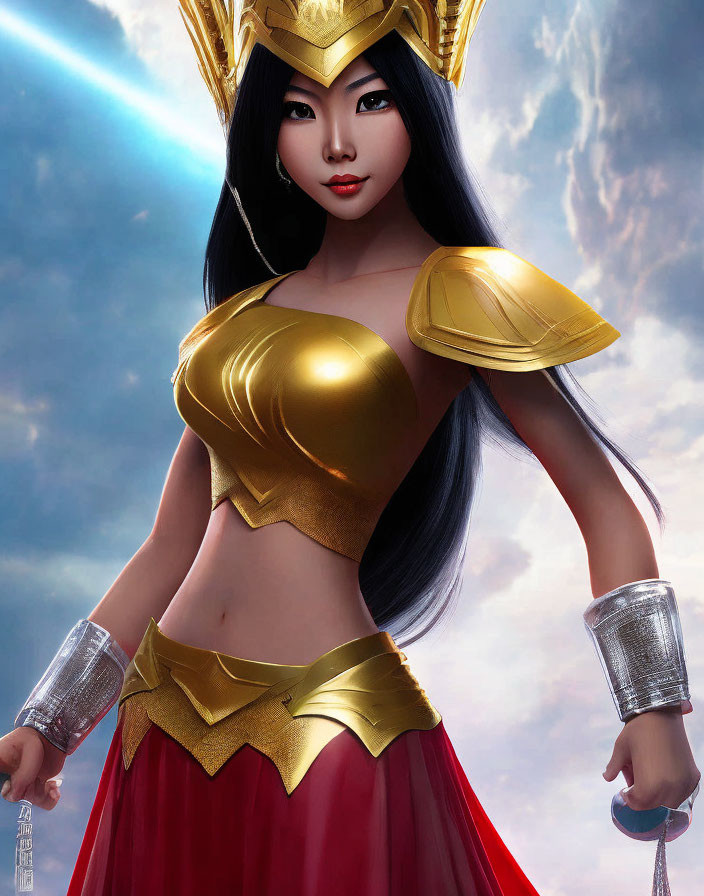 Female warrior illustration in golden armor with tiara, red skirt, and silver bracers on sky background