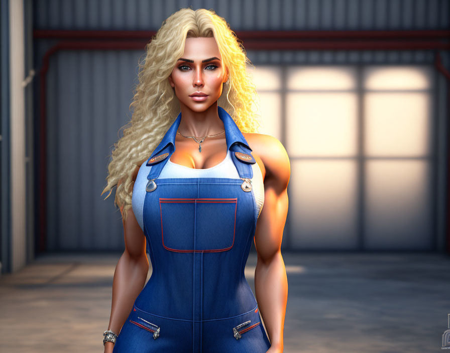 Blonde woman in blue jumpsuit against industrial backdrop