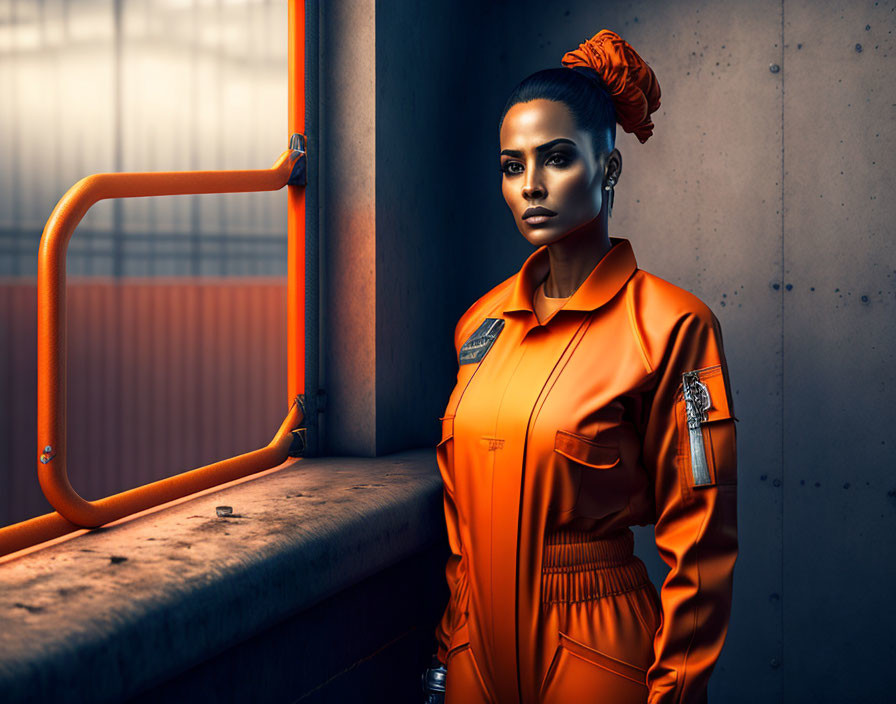 Stylish woman in orange jumpsuit by concrete wall with dramatic lighting