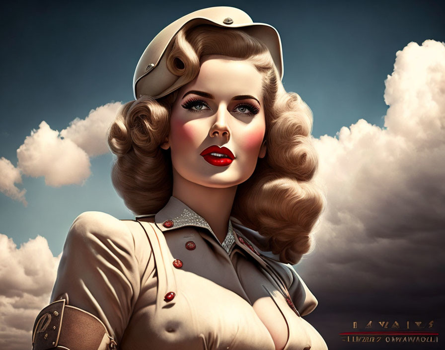 Vintage-inspired illustration of woman in military uniform with 1940s hairstyle & red lipstick against cloudy sky