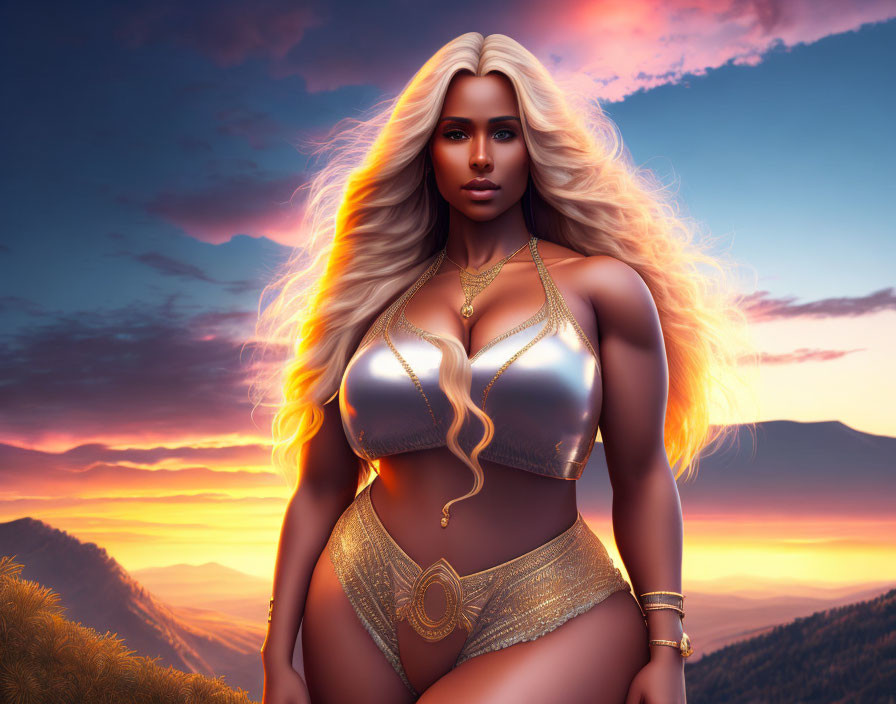 Digital artwork: Voluptuous woman in metallic bikini at mountain sunset