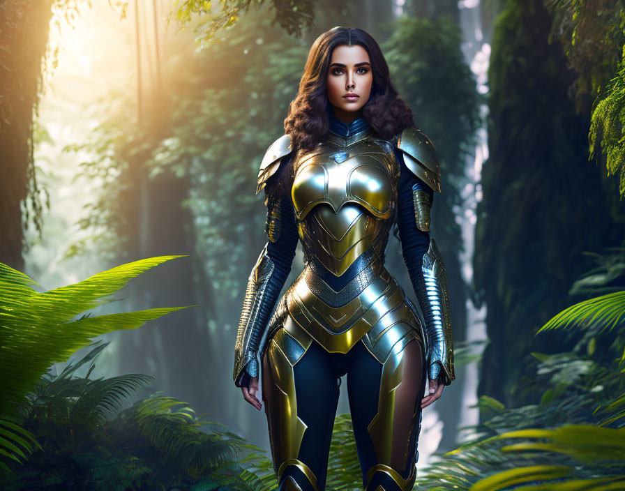 Futuristic woman in golden armor in sunlit forest