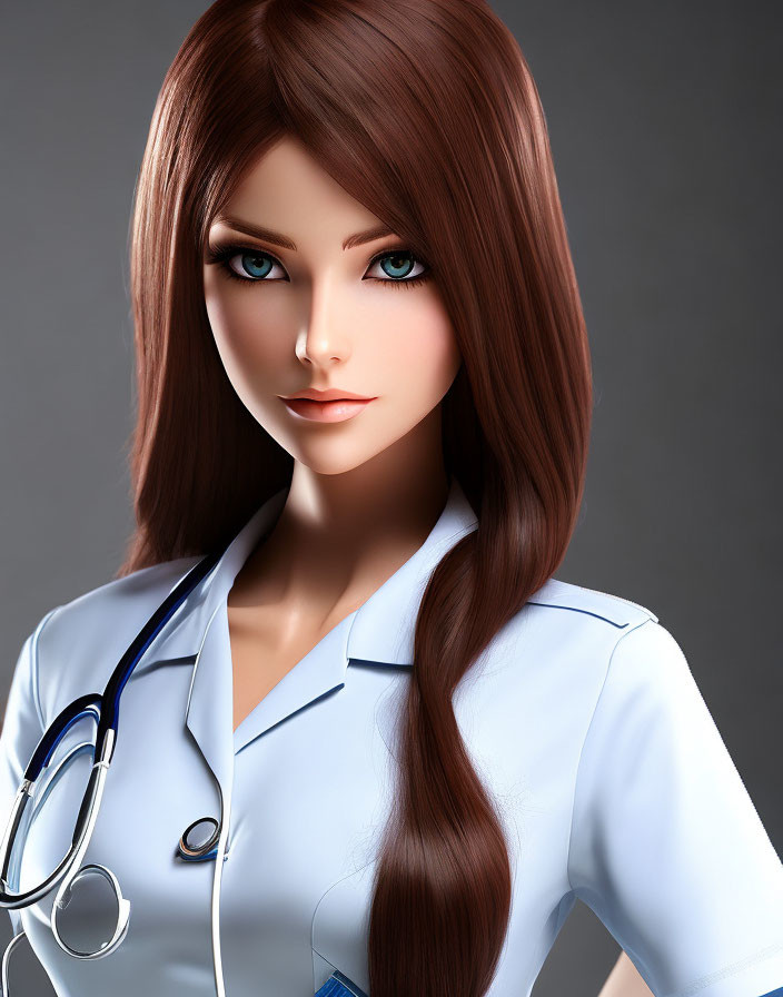 Female character with long brown hair in nurse's outfit and stethoscope.