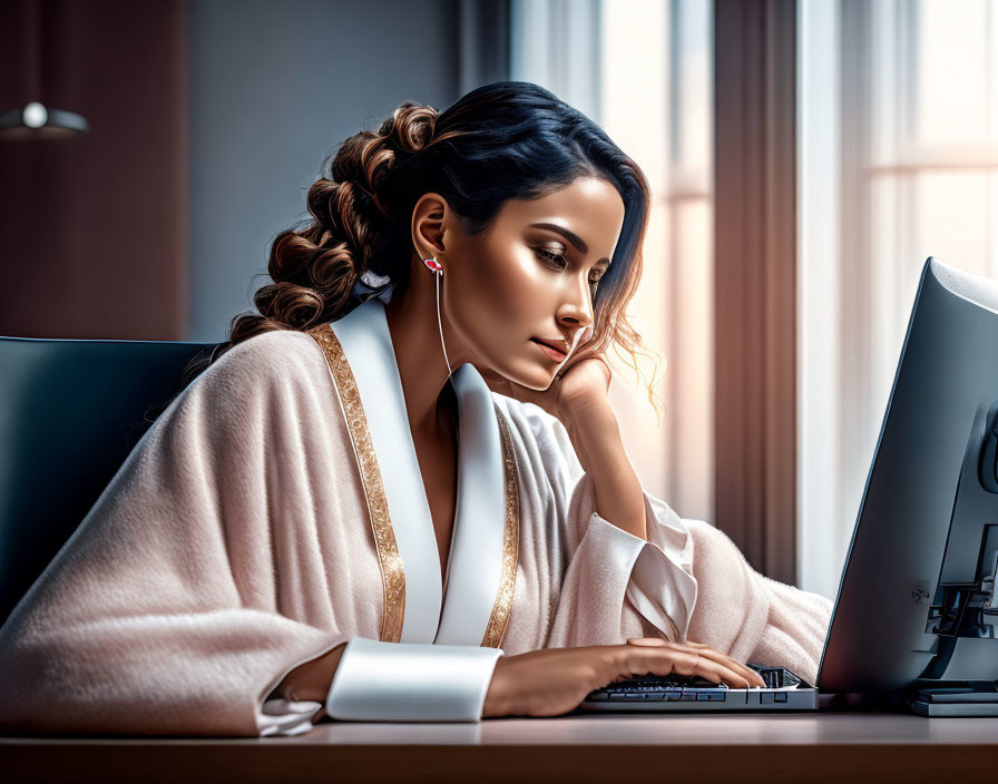 Professional individual in white and gold outfit working on computer in warmly lit room