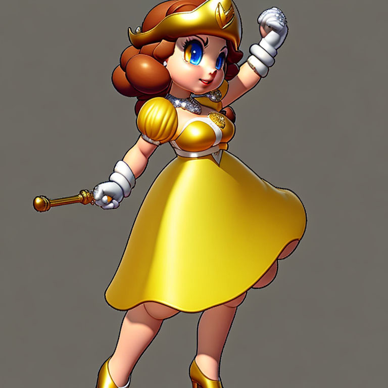 Brown-haired princess in golden yellow dress with white gloves and scepter