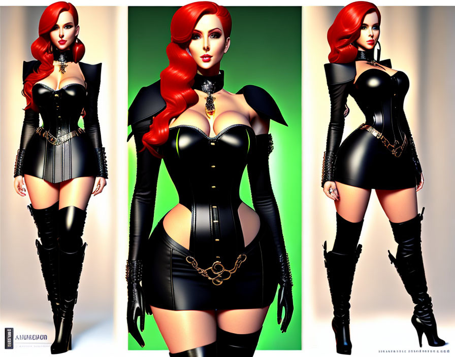 Stylized woman in black corset and thigh-high boots in three poses