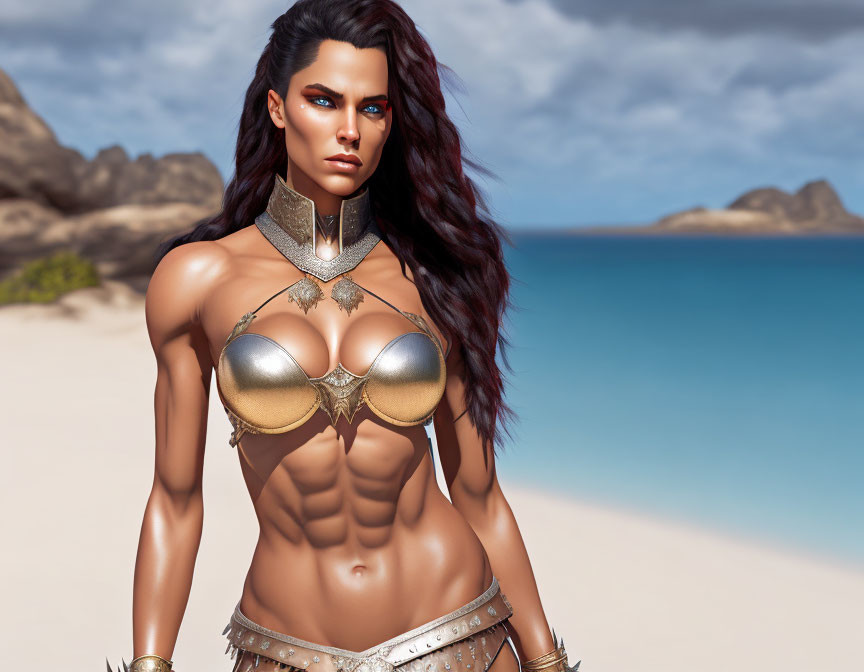 Fantasy woman digital art: Dark-haired figure in golden armor on beach