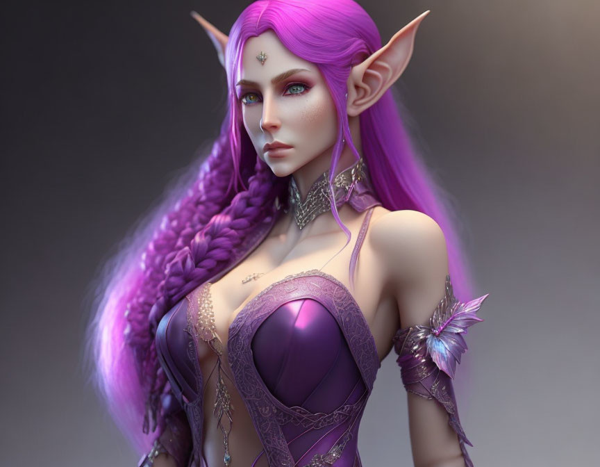 Detailed 3D illustration of elf in fantasy armor with purple hair and violet eyes