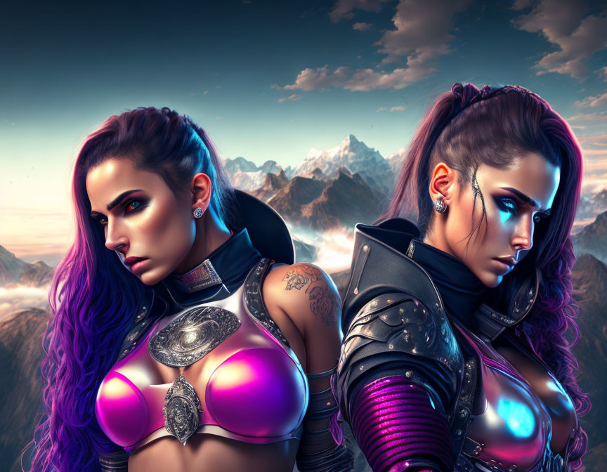 Futuristic female warriors with purple hair and cybernetic enhancements against mountainous backdrop