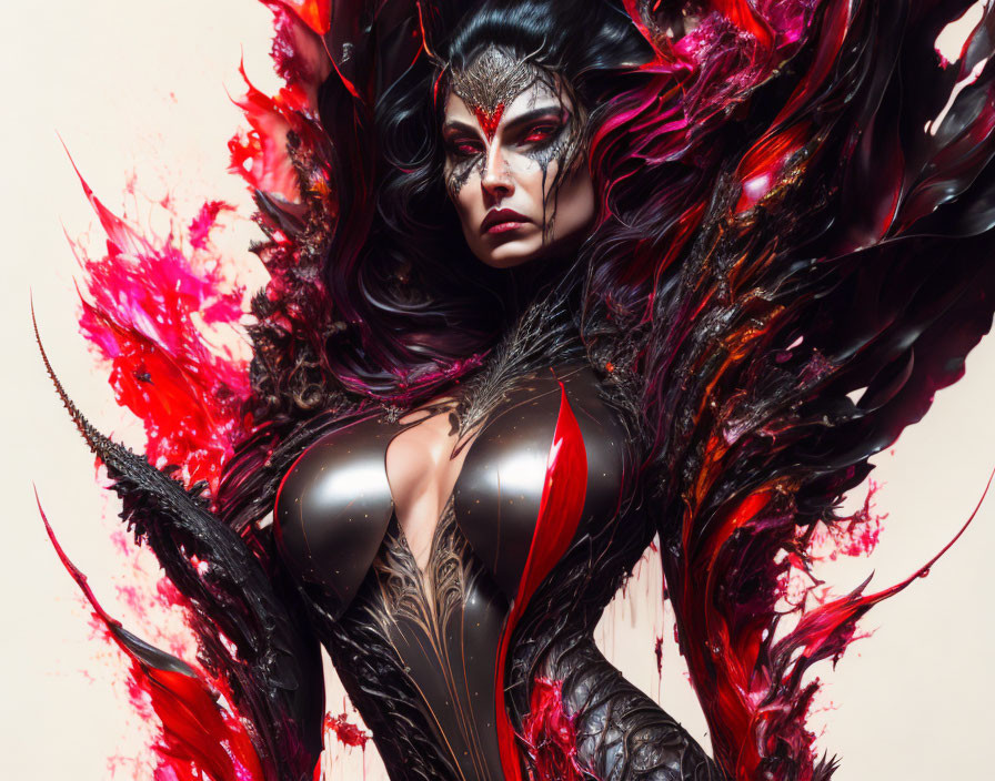 Ornate Black and Red Costume with Feather-Like Textures