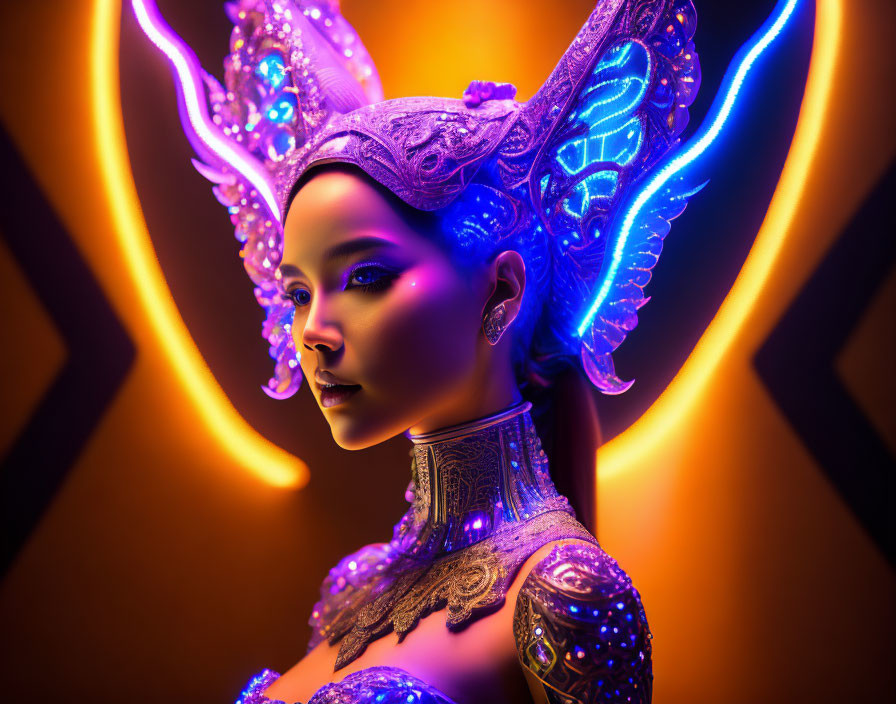 Portrait of woman with glowing neon wings and intricate headpiece in dramatic orange lighting