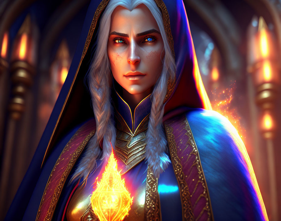 Fantasy female character with glowing blue eyes in blue cloak with golden trim holding a flaming magical object