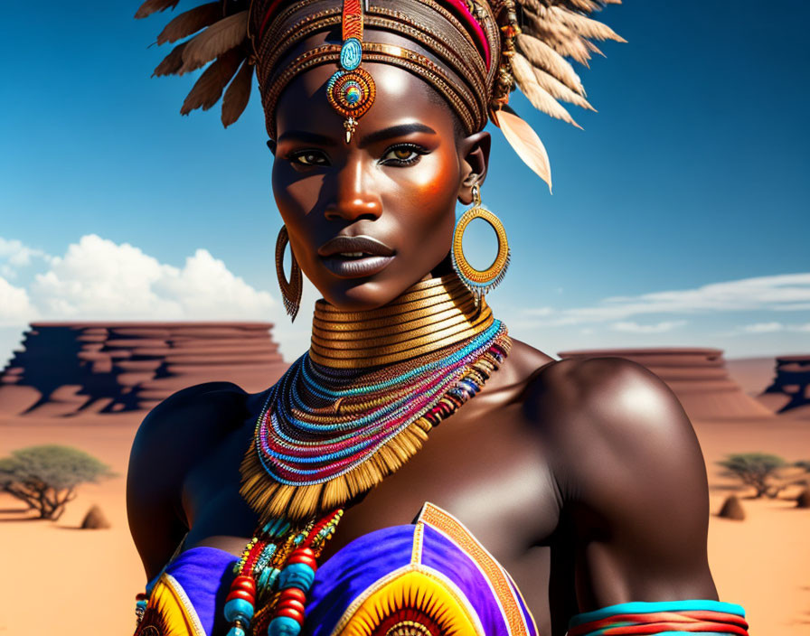 Woman in tribal jewelry and headgear poses in desert landscape