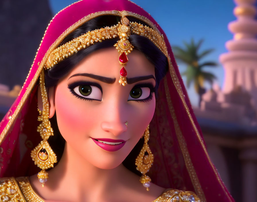 Close-up of animated character with large eyes in gold and ruby jewelry and pink headscarf.