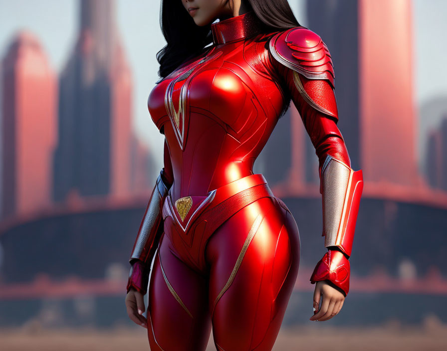 Female Superhero in Red and Gold Suit with Futuristic Cityscape