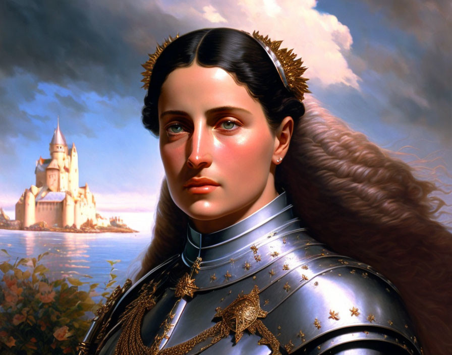 Medieval armor portrait of woman with castle backdrop and detailed hair