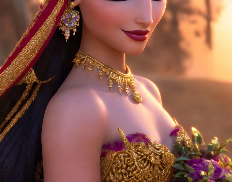 Dark-Haired Animated Character in Purple Outfit with Gold Jewelry on Sunset Background