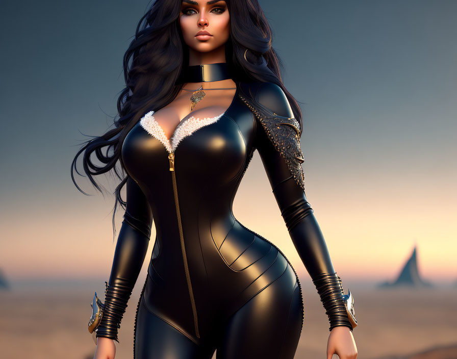 Female character in black bodysuit with gold accents in desert setting