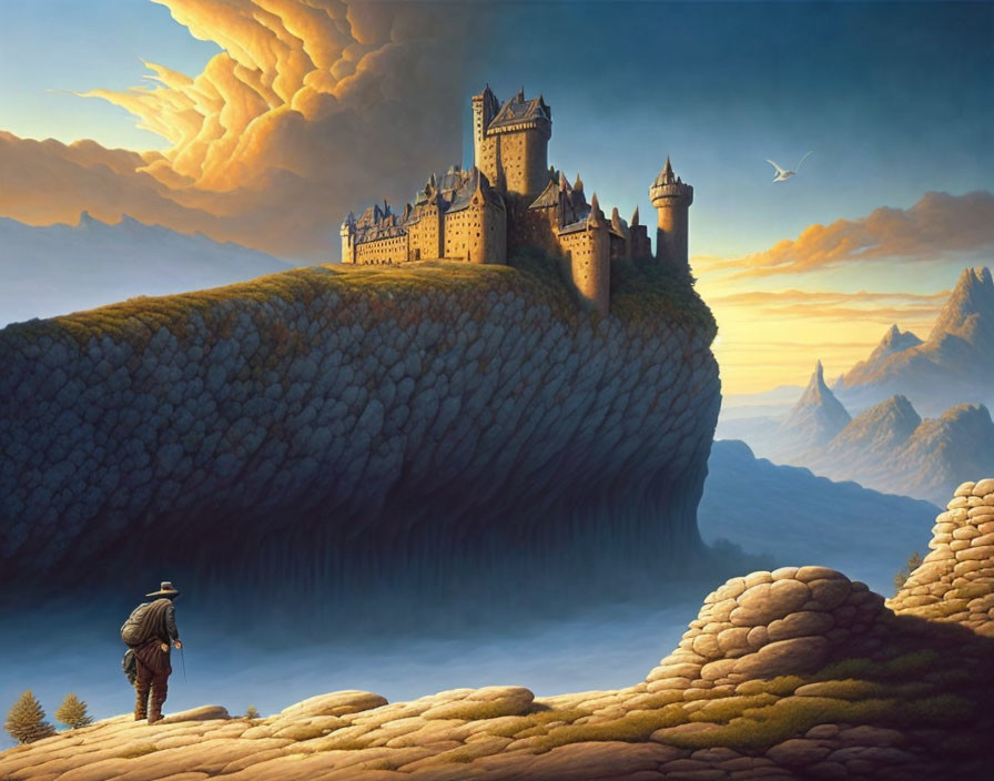 Traveler admires castle on cliff under dramatic sky