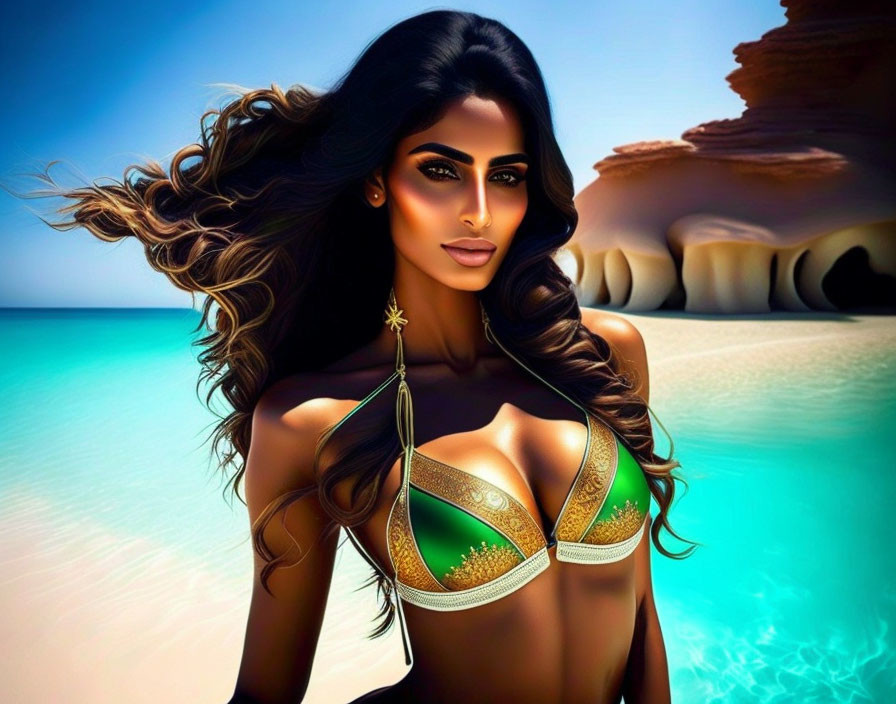 Illustrated woman in bikini on serene beach with crystal blue waters