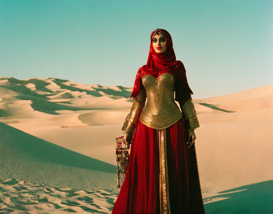 Woman in red and gold traditional attire with lantern in desert setting