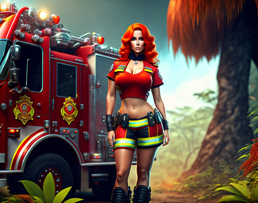 Female firefighter illustration in colorful uniform with fire truck in forest.