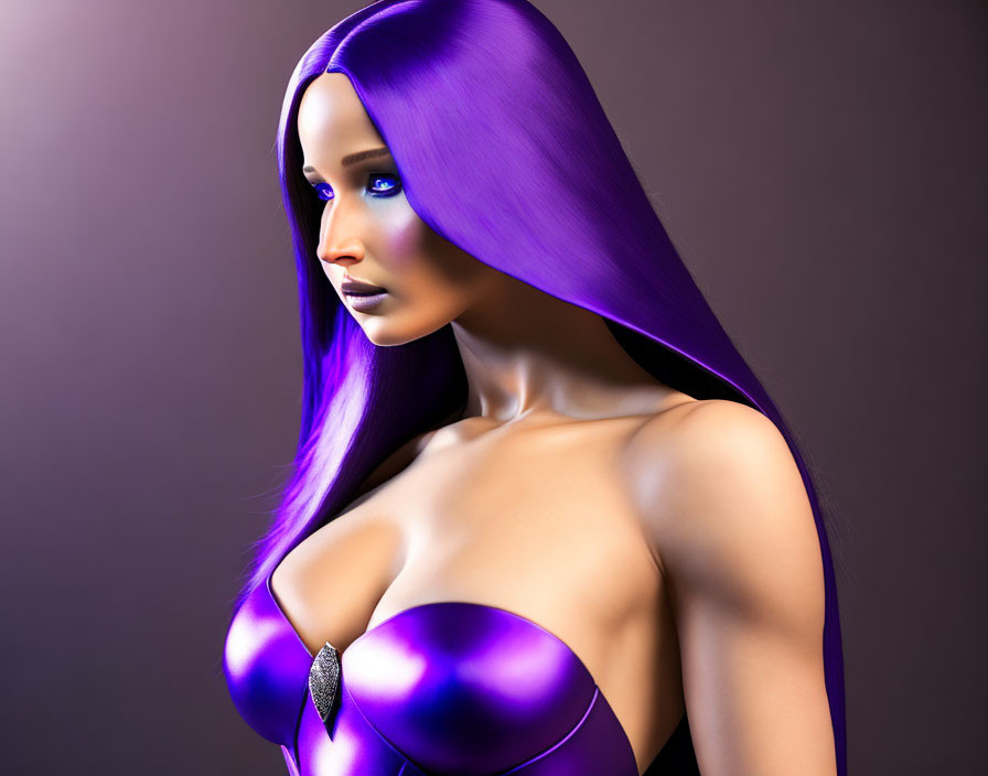 Futuristic 3D illustration of metallic female figure with purple hair & garment